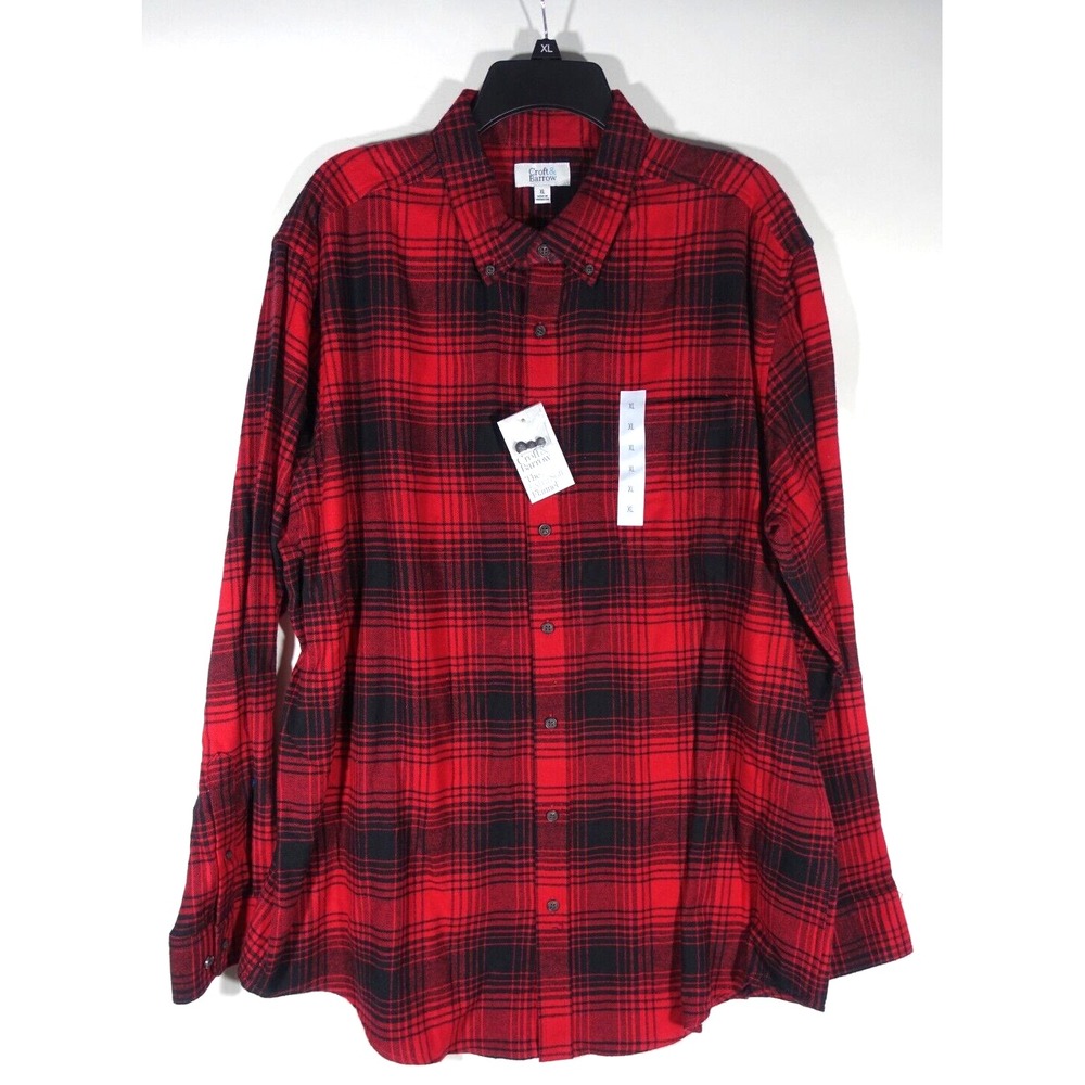 Croft and Barrow Flannel Shirt Men XL Extra Soft Buffalo Black red Plaid Pocket